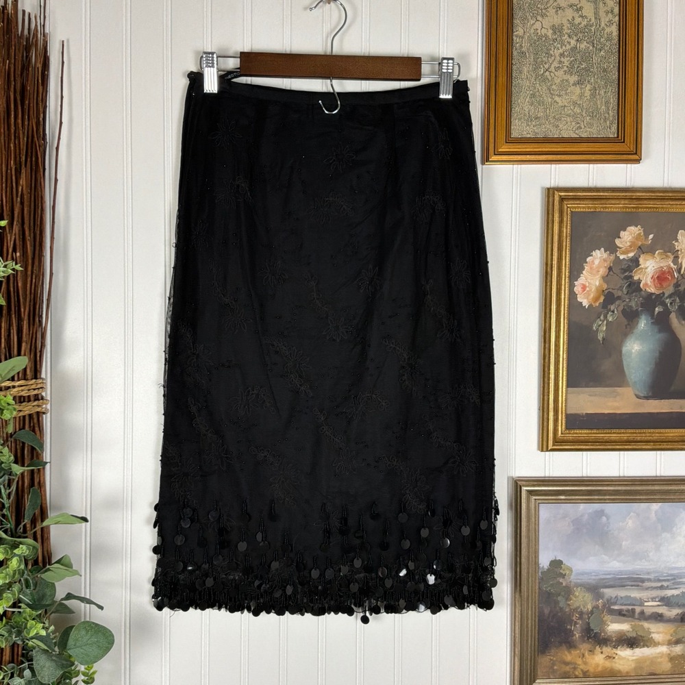 Vintage Y2K French Connection Black Beaded Sequin Midi Skirt Size 4
